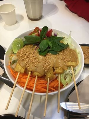 Tofu Satay with lettuce carrot and cucumber  at Veganerie - Siam Paragon in Bangkok