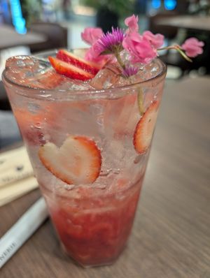 Complimentary strawberry soda at Veganerie - Siam Paragon in Bangkok