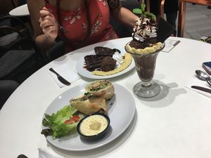 Banana waffle, chocolate sundae and Caesar wrap at Veganerie - Siam Paragon in Bangkok