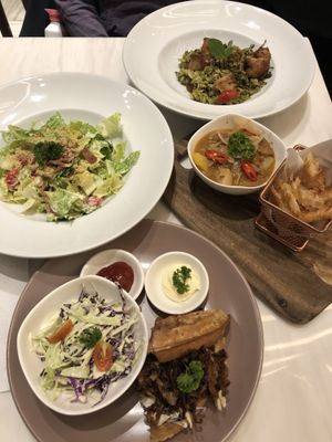 4 plates together.  at Veganerie - Siam Paragon in Bangkok