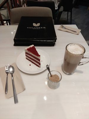 Red Velvet Cake and Soy Cappucino at Veganerie - Siam Paragon in Bangkok