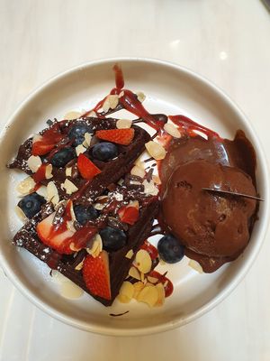 Berry choco waffles and ice cream! at Veganerie - Siam Paragon in Bangkok
