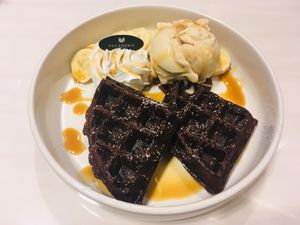 Chocolate banoffee waffles with vanilla ice cream at Veganerie - Siam Paragon in Bangkok