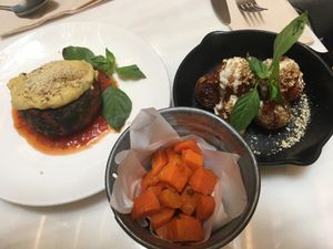 Mushroom ‘lasagna’ of my dreams, and vegan meatballs which were also impeccable. Side of sweet potatoes. at Veganerie - Siam Paragon in Bangkok