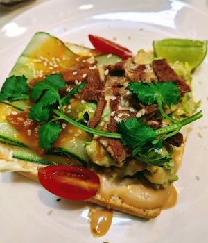 Avocado and v-bacon on toast at Veganerie - Siam Paragon in Bangkok