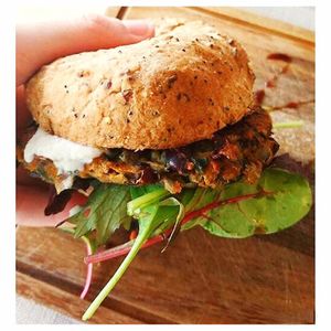 VEGGIE Burger with Cashew Cheese & Gluten Free Bun  at The Hidden Olive in Plymouth