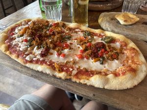 Aubergine “meatball" pizza  at Zizzi in Belfast