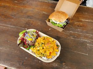 Zen's burger and Red curry at Zens Kitchen Food Truck in Murchison