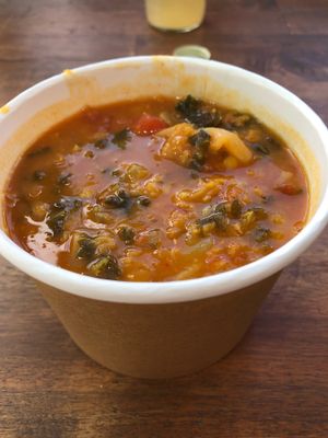 Kale, potato soup  at Zens Kitchen Food Truck in Murchison