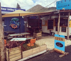 New outside look..Planter boxes and tables build out of recycled pallets.. at Zens Kitchen Food Truck in Murchison