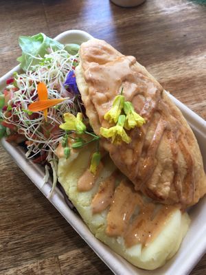 South American empanada w chipotle aioli and mash potato.. at Zens Kitchen Food Truck in Murchison