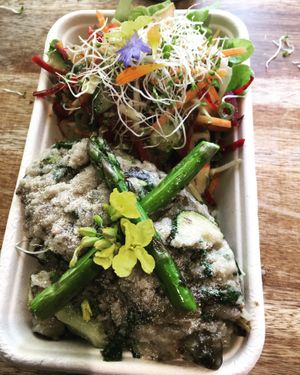 Creamy mushroom and grilled summer vegetables risotto.. at Zens Kitchen Food Truck in Murchison