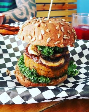 Love Burger (vegan) sweet potato/lentils/mushroom/peanut sauce at Max & Bee Juicery in Willemstad