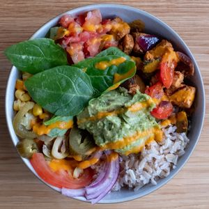 Jerk Quorn bowl at Ahimsa The Vegan Cafe in North West London