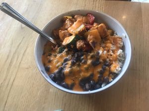 Mexican beans and jerk quorn.  at Ahimsa The Vegan Cafe in North West London