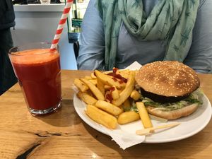 Burger with chips and ABC juice at Ahimsa The Vegan Cafe in North West London