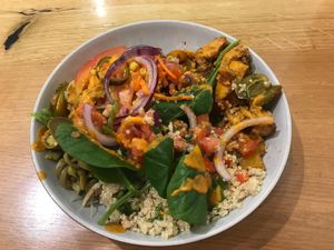 Jerk Chicken bowl with Quinoa and salad 😋 at Ahimsa The Vegan Cafe in North West London