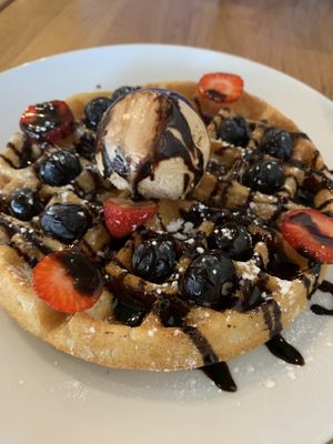 Waffle, fruit & ice cream   at Ahimsa The Vegan Cafe in North West London