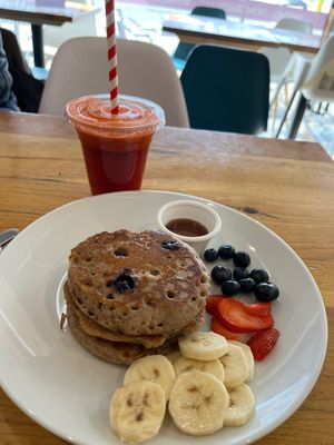 Blueberry pancakes GF, SF at Ahimsa The Vegan Cafe in North West London