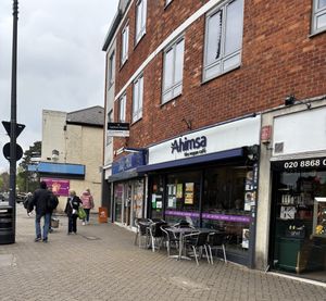 Exterior with seating, plenty inside as well    at Ahimsa The Vegan Cafe in North West London
