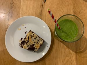 Brownie and smoothie at Ahimsa The Vegan Cafe in North West London