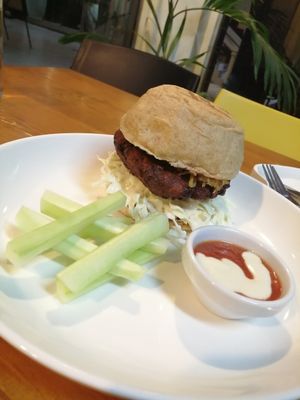 Nori Burger bean seaweed patty topped with cabbage papaya atchara & tofu mayo sauce at Vedge Health Hub in Bacolod Negros Occidental