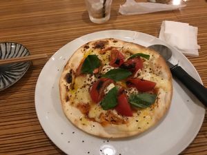 Pizza margarita (real cheese) at Slow Luck Vegetable Bal in Kanazawa