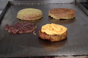 Soy Burguer and onions with natural sauce at Ahimsa Burgers in Florianopolis