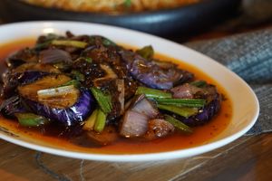 chili bean eggplant.
 Vegan.
chinese eggplant. bell peppers. onion. hot bean sauce. at Inchin's Bamboo Garden in Morrisville