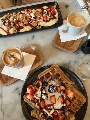 hazelnut pancakes and sweet waffles   at LOV - McGill in Montreal