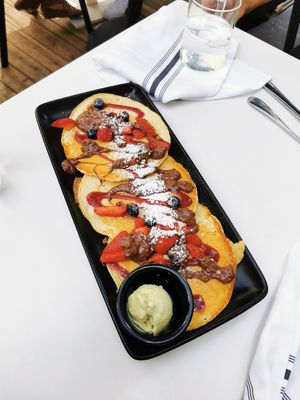 Choco hazelnut pancakes w matcha ice cream at LOV - McGill in Montreal