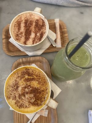 latte, golden milk, green juice  at LOV - McGill in Montreal