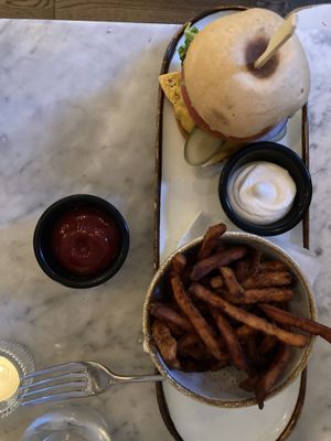 Gluten free burger with sweet potato fries  at LOV - McGill in Montreal