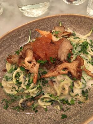 Zucchini Pasta with truffle sauce and tapioca caviar at LOV - McGill in Montreal