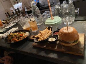 Dinner - Cheeseburger with fries & General Tofu at LOV - McGill in Montreal
