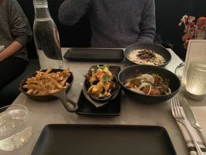 Dinner - poutine, quinoa fritters, arancini, risotto at LOV - McGill in Montreal