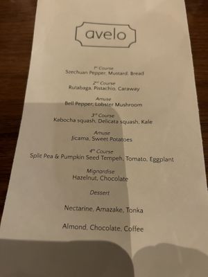 Menu  at Avelo in Toronto