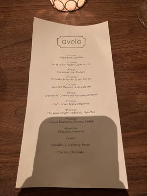 our menu for the evening  at Avelo in Toronto