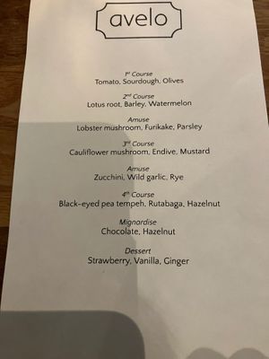 Menu at Avelo in Toronto