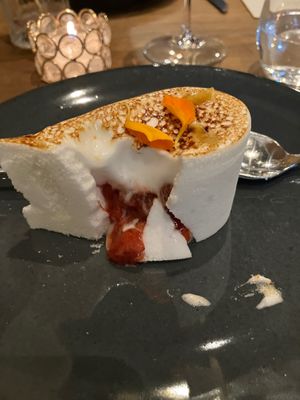Dessert!  Vegan meringue shell filled with strawberry deliciousness  at Avelo in Toronto