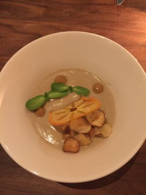 “Sunflower root” soup with persimmon purées (our fav for the night) at Avelo in Toronto