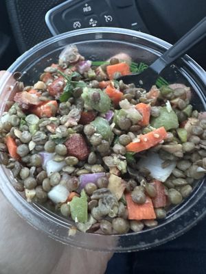 Lentil salad is the bomb!   Def check the cooler for many delicious vegan sides and pickled things!!  at Lucy's Market in Soldotna