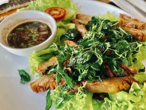 Chicken with spicy dip at Vegan Heaven in Chiang Mai