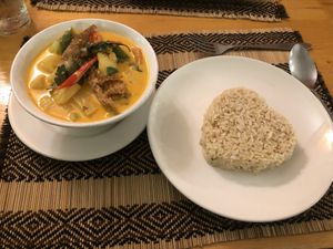 Duck Red Curry w brown rice at Vegan Heaven in Chiang Mai