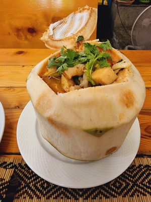 Tom yom in coconut at Vegan Heaven in Chiang Mai