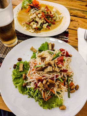 Som Tam (spicy papaya salad) and Penang Curry at Vegan Heaven in Chiang Mai