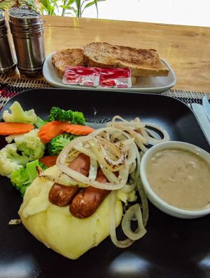 Bangers & Mash with toast. at Vegan Heaven in Chiang Mai