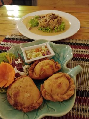 Samosas and banana blossom salad at Vegan Heaven in Chiang Mai