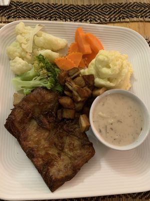 Chicken steak with crispy pork  at Vegan Heaven in Chiang Mai