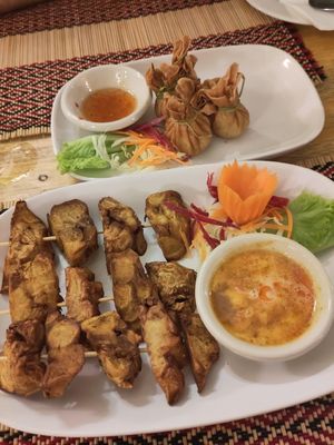 Money bags and mushroom satay kebabs (highly recommend!) at Vegan Heaven in Chiang Mai